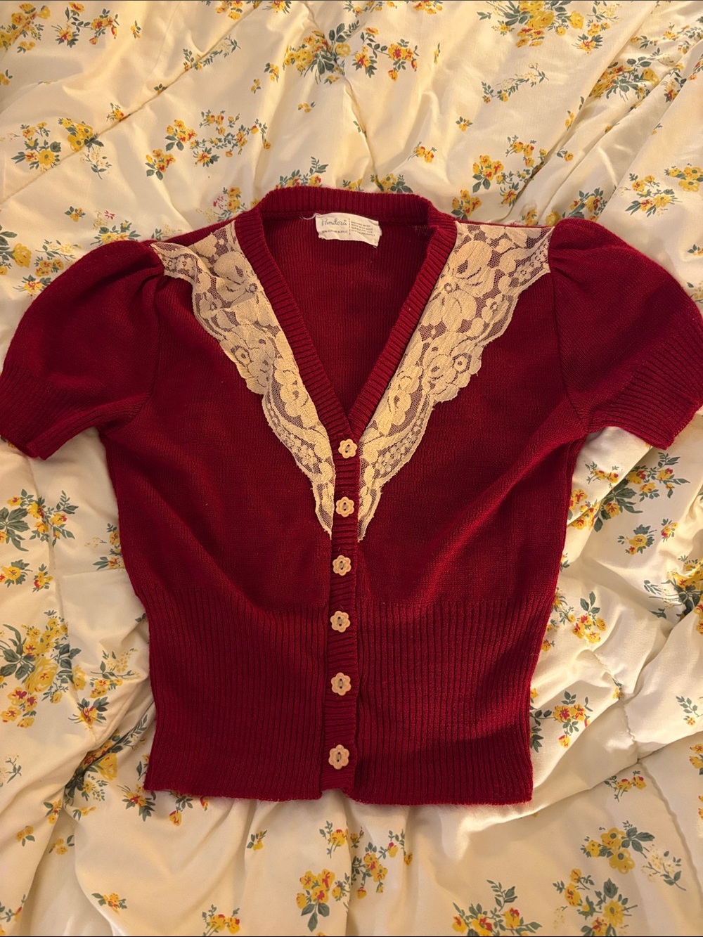 Vintage-Inspired Red Lace Trim Button-Up Sweater